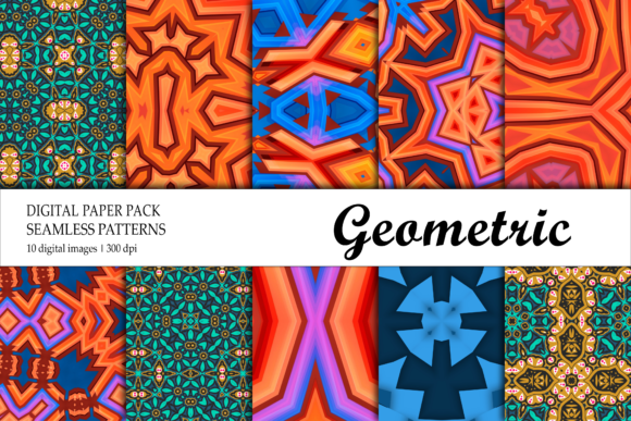 Digital Paper Geometric Green Orange Red